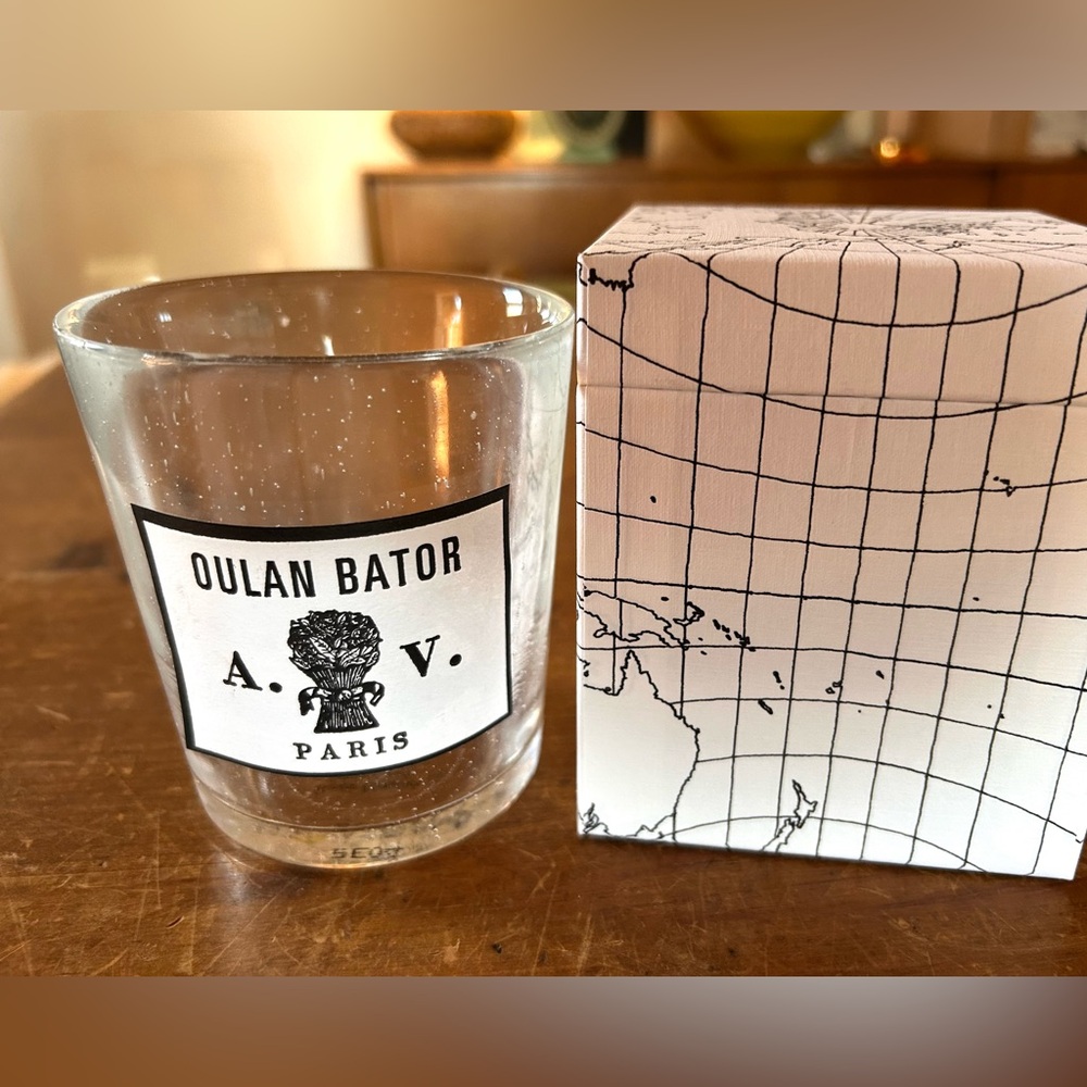 Astier de Villatte empty handblown luxury French candle vessel, Oulan Bator.